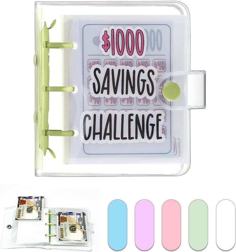Dreamplay Mini Money Saving Binder, $1000 Money Saving Challenge Book Budget Binder with Envelopes Portable Deposit Anytime Anywhere (Green) - Image 1